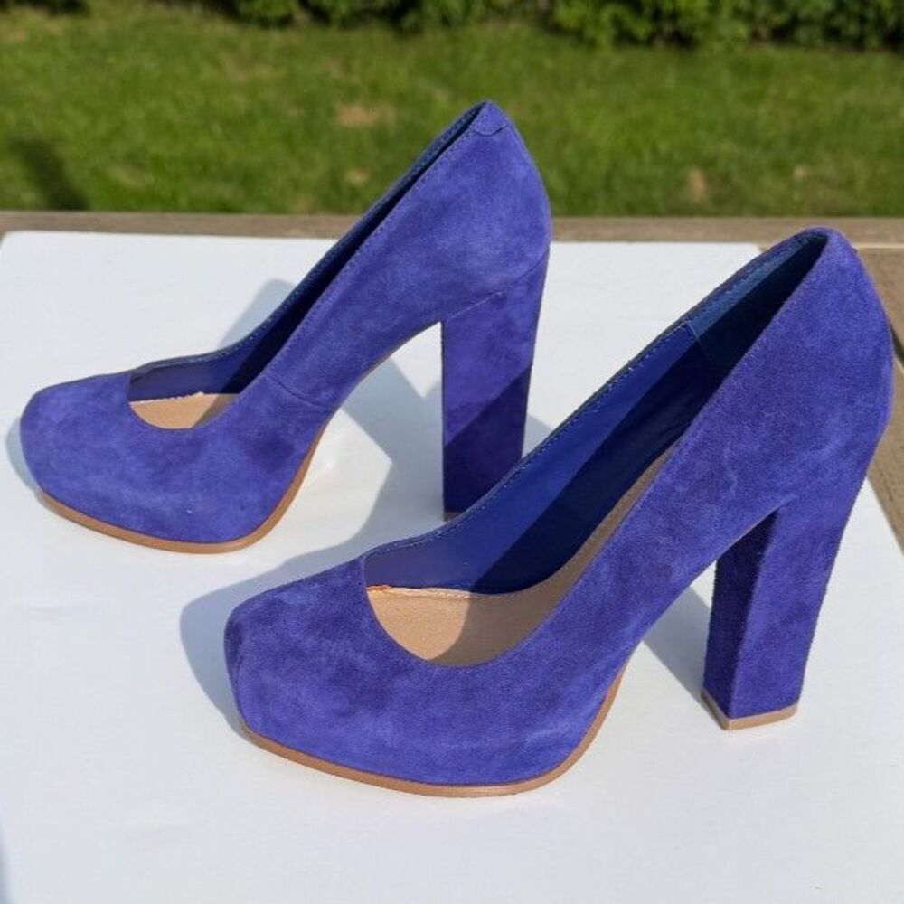 Steve Madden Sarrina Blue Suede Platform Block Heel Pumps Size 7.5 Royal